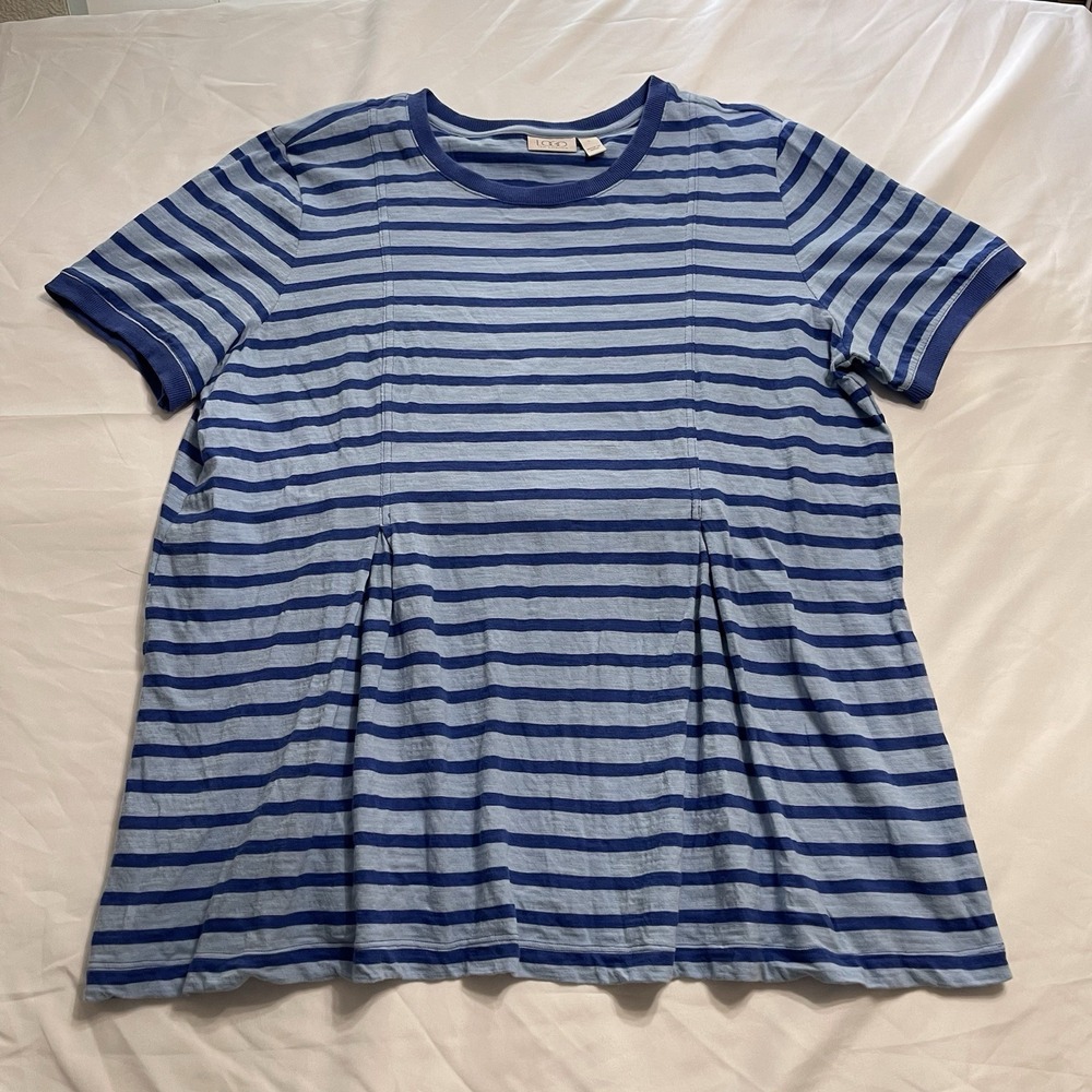 LOGO Lori Goldstein Blue Striped Cotton Short Sleeve Tunic Top Women's L